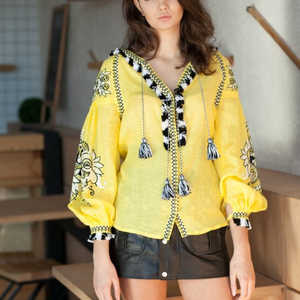 Yellow Floral Embroidered Blouse Vintage Ethnic Women's Loose Half Lantern Sleeve <b>Shirt</b> Women Cotton Top Casual Blouses - Product Image 3
