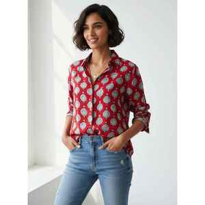 Camisa Casual de Manga Larga para Mujer, de Algodón Modal Rojo, Estampada, con Bordado a Mano, Tela Popelina, Logotipo/Estampado Dibujado a Mano, Varias Tallas - Product Image 2
