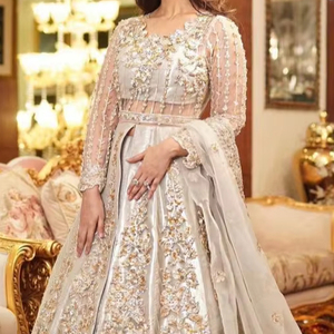 Designer Embroidered <b>Bridal</b> <b>Jacket</b> Lehenga Dupatta Crystal Glass Beadsstone Dabka Work Wedding Collection 2024 Made Dress Net - Product Image 1