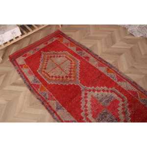 Turkish Rug, 2.8x9.8 ft <b>Runner</b> Rug, <b>Red</b> Striped Wool Vintage Rug - Product Image 5