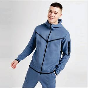 OEM Design 69% Coton 31% Polyester Bleu Hommes Tech Polaire Survêtement Full Zip Hoodie Joggers Sweatpants Sweatsuit - Product Image 5