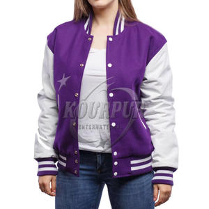 Vente en gros de logo texte cousu personnalisé léger Letterman pour adultes et jeunes en veste de baseball universitaire violet et blanc - Product Image 2