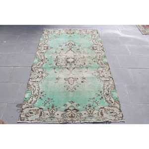 Vintage Rug, 3.8x6.3 ft Accent Rug, Green <b>Brown</b> <b>Wool</b> Rug - Product Image 1
