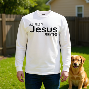 Camiseta de manga larga con diseño de fe cristiana, unisex, para adultos, de algodón, con cuello redondo, con la frase "Todo lo que necesito es Jesús y mi perro" - Product Image 3