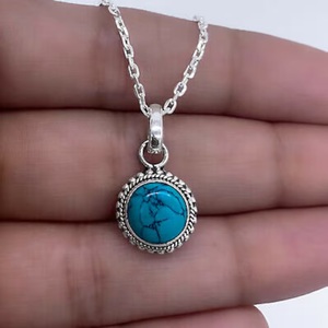 สร้อยคอจี้เทอร์ควอยซ์ขนาดเล็ก925เงินแท้อัญมณีทรงกลมของขวัญสำหรับผู้หญิงพร้อมโซ่ - Product Image 2