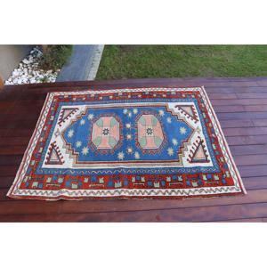 Alfombra Turca, Alfombra Vintage de 3.9x4.9 pies, Alfombra de Lana Azul Roja con Diseño de Camuflaje - Product Image 3