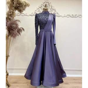 Vestido de Noche Moderno y Elegante Color Amatista Medianoche, Satén y Chifón con Lentejuelas, Cintura Imperio, Decoración con Patrón Simple para Banquetes - Product Image 1