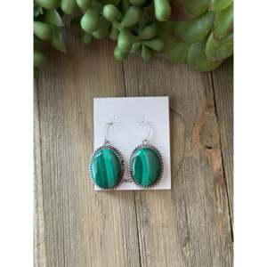 Freda Martinez Malachite & <b>Sterling</b> <b>Silver</b> <b>Dangle</b> Drop <b>Earrings</b> with Freshwater Pearl Diamond Accents for Wedding Party Gift - Product Image 1