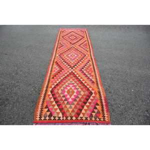 Alfombra Kilim turca clásica 3X10.2ft Rosa Naranja Patchwork Diseño Lana Viscosa Tejido plano Látex Jacquard Rectángulo Pasillo - Product Image 1