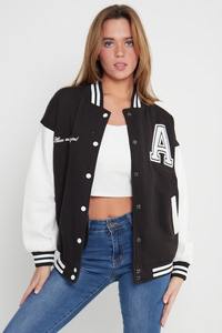 2024 New Design Fashionable Black Chenille Embroidery Leather Sleeve Wool Body <b>Bomber</b> Baseball Varsity <b>Jacket</b> Woven Weave - Product Image 4