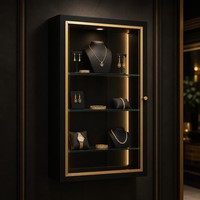 Maßgefertigte Wandmontierte LED-Schmuckvitrine Schwarz-Gold Glasvitrine für Juweliergeschäfte