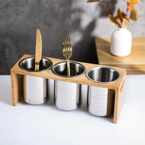 Tool Caddy Durable Silver Coated Metal Forma redonda Soporte de madera Perfecto para el hogar Restaurante Utensilios de cocina Vajilla Estante de almacenamiento - Product Image 4