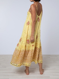 Robe midi 100% coton, embellissement artisanal, broderie de paillettes, coupe évasée, col en V, été, écologique, grande taille, ODM - Product Image 2