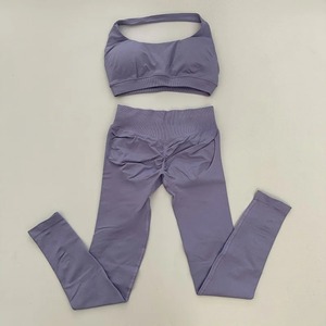 Seamless Hornet Solid Front Crew Neck High Waist Peach Breathable Back <b>Crop</b> Top Bra Sports <b>Leggings</b> Yoga Fitness Women's 2-Piece - Product Image 4