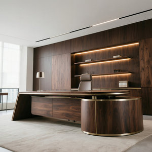 Warm Brown Ash Wood Curved Executive <b>Desk</b> with Rounded Corners Spacious Surface 1-Year Warranty - Product Image 1