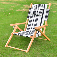 Chaise de plage pliable Sage Black Stripe avec accoudoirs en bois, siège de plage inclinable de luxe, glacière isotherme et appui-tête