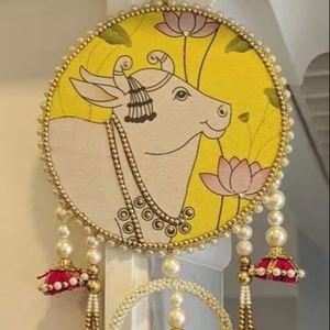 Pichwai <b>Art</b> Cow Ganesha Wall Hanging Toran Handmade Indian Home Decor Diwali Pooja Temple Decor Entryway Door Hanging Gift Favor - Product Image 1