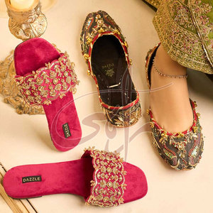 Golden Multicolored Embroidery Women <b>Khussa</b> Classic Beading Striking Floral Designs Anti-Slippery Genuine Leather Outsole Velvet - Product Image 6