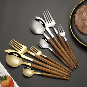 <b>Set</b> of 5 Pieces Metal Silver and Gold <b>Flatware</b> <b>Sets</b> With Wooden Slim Handle for Wedding Special Dinner Cutlery <b>Sets</b> - Product Image 1