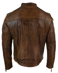 Veste en cuir véritable pour homme, coupe Slim, fermeture éclair croisée, rétro, marron, Biker Rock - Product Image 4
