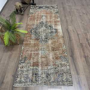 Turkish Vintage Rug 2.8x7.7 ft (85x236 cm), <b>Brown</b> Floral <b>Wool</b> Rug - Product Image 1