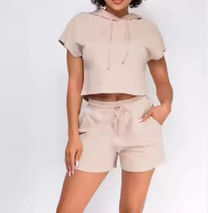 Conjunto de 2 piezas informal personalizado de verano 2026, sudaderas con capucha para mujer, conjunto corto de dos piezas de poliéster y algodón gris de alta calidad, ropa para mujer - Product Image 5