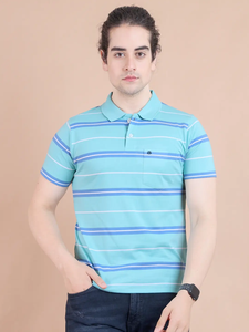 Media manga moderna y cómoda para Camiseta con cuello Polo en azul cielo 100% ropa informal de algodón para cada ocasión - Product Image 2