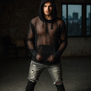 Résille fermeture éclair Crop Hoodie hauts hommes Transparent maille à capuche hommes musculation entraînement voir à travers résille à capuche hommes - Product Image 4