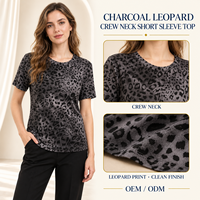 Haut à manches courtes col rond gris et noir à imprimé léopard pour femmes, pour collections de boutiques, fabrication sur mesure, marque privée, OEM, ODM