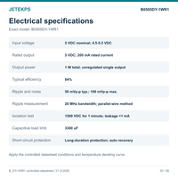 Convertisseur DC-DC isolé non régulé B0505DY-1WR1, montage sur carte, boîtier DIP, sortie unique 5V 200mA 1W, isolation 1500V, efficacité 84%