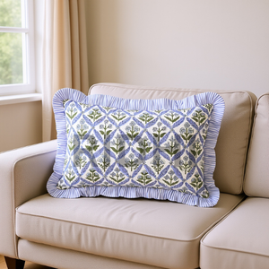 Juego de Fundas de Almohada Lumbar Estilo Occidental con Volantes Florales Azul Costero 12x20, Estampado a Mano en Algodón, Tamaño Personalizado, Extraíbles y Lavables - Product Image 1