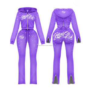 Conjunto de Sudadera con Capucha y Pantalones Deportivos para Mujer, Personalizado, de Alta Calidad, Ecológico, de Algodón Blanco, con Pedrería, Cierre Completo, Corte Ajustado - Product Image 2