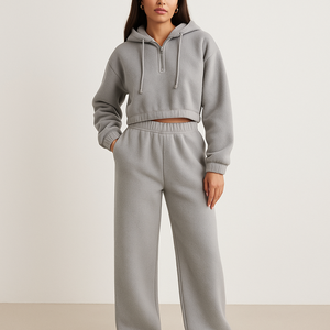 Conjunto de lujo para mujer, Top corto con capucha de lana y pantalones de chándal, traje de lana cálido, ropa de calle de etiqueta privada - Product Image 2