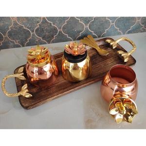 Ensemble de 3 récipients et bocaux en cuivre pour fruits secs Plateau en bois avec poignées de luxe Vente à chaud de bocaux en métal pour noix Ensembles de cadeaux - Product Image 1