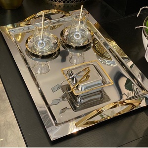 Bandeja de Metal para servir alimentos con forma rectangular, acabado plateado brillante con borde dorado y ASA, uso doméstico en la cocina, bandeja para servir café - Product Image 3