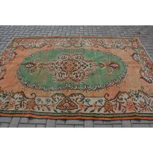 Alfombra de lana turca Vintage de 6x8,9 pies, naranja y verde, patrón de retales de tejido plano para decoración para sala de estar, 4m de ancho - Product Image 3