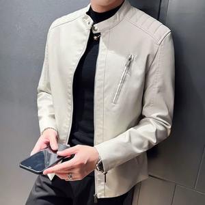 Chaqueta de cuero de motocicleta para hombre de primavera y otoño, chaqueta de cuero negra blanca de Color sólido con cuello levantado informal - Product Image 3