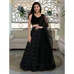 Impresionante Vestido de Gala Negro con Bordado en Organza, Estilo Línea A, Lehenga Choli para Invitadas de Boda, para Fiestas Formales, Largo hasta el Suelo, Cintura Imperio - Product Image 2