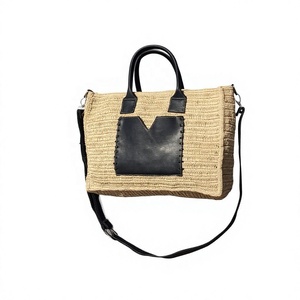 Lady Fashion Bohemian Style Genuine Leather Tote <b>Bag</b> with Black Leather Detail Zipper Closure Cotton Lining MG for <b>Summer</b> - Product Image 1