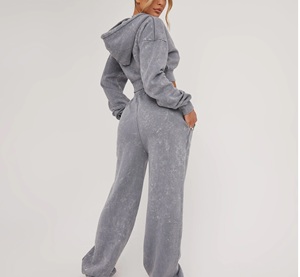 Survêtement pour femmes, couleur unie, à capuche, manches longues, fermeture éclair sur le devant, poche, coupe ample, style streetwear, gris, polyester, logo personnalisé - Product Image 5