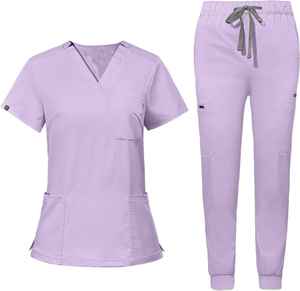 Vaslcare-Uniforme de enfermera para salón de belleza al por mayor, conjunto de exfoliación para mujer, Top con cuello en V y pantalones con múltiples bolsillos mejorados - Product Image 1