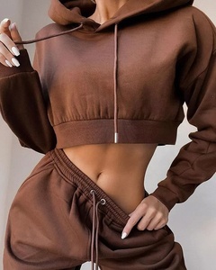 Fashionable <b>Women's</b> 100% Cotton Crop Top <b>Sweat</b> Suit Long Sleeve Hoodies with Button Decoration Breathable <b>Woman</b> Tops - Product Image 1
