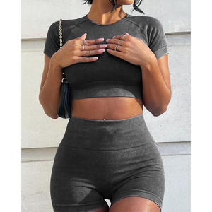 Women's Seamless Ribbed 2 Piece Workout Set <b>Short</b> <b>Sleeve</b> Crop <b>Top</b> High Waist Yoga <b>Shorts</b> Cotton Material for Everyday Gym - Product Image 1