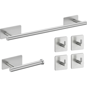 6-Piece Polished Brushed 304 Stainless Steel Adhesive <b>Bathroom</b> <b>Accessories</b> Set 40cm Towel Holder Toilet Paper Holder 4 Hooks - Product Image 3