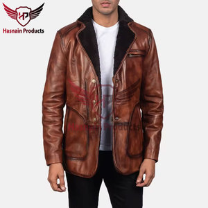 เสื้อแจ็คเก็ตคอปกหนังแท้สีน้ําตาลเรียบง่ายสําหรับผู้ชายพร้อมปุ่มและซิปปิด, กระเป๋าด้านข้าง - ชุดชั้นในที่ทันสมัย - Product Image 3