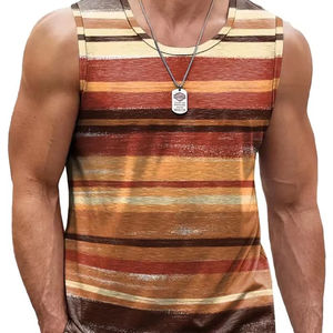 Rétro rayé graphique débardeurs pour hommes mode décontracté été sans manches 3D imprimé gilet ample col rond séchage rapide sport t-shirts - Product Image 1