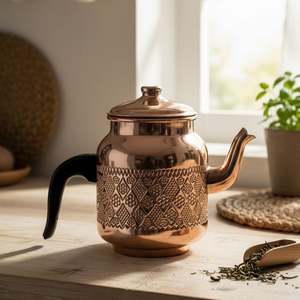 Ensemble théière et cafetière classique en cuivre, design vintage de luxe avec poignée en laiton, verre, céramique et plastique, pour la cuisine - Product Image 3