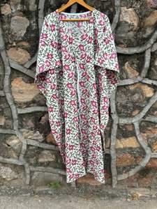 Maxi vestido de algodón orgánico para mujer, colección de verano hecha a mano, caftán rosa con estampado de bloques, caftán informal hasta el suelo - Product Image 6