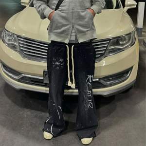 Pantalon personnalisé vintage lourd délavé à l'acide 100% coton pour hommes avec imprimé strass Baggy à jambes larges surdimensionnées en détresse - Product Image 3