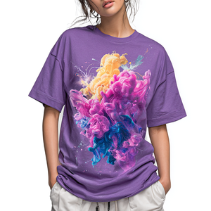 Oversize Color Blot Art Impreso Algodón Púrpura Cuello redondo Hombro caído Media manga Street Outfit Camiseta para damas - Product Image 2